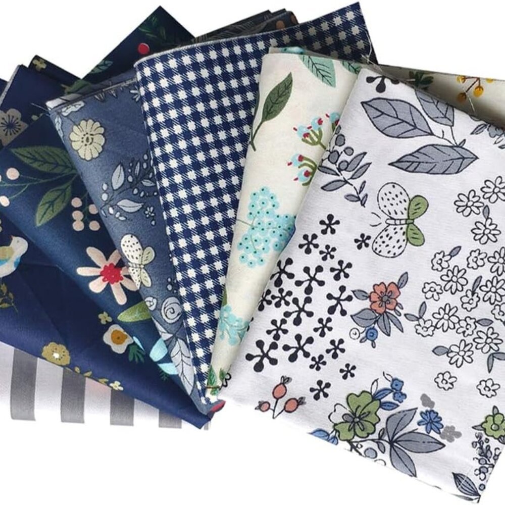 Floral Cotton Fabric 7Pcs 18 x 22 Inches Printed Floral Blue Color Bundle Square
